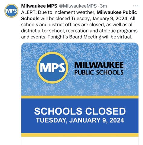 Are milwaukee public schools closed tomorrow - Jan 11, 2024 · Late Thursday night, Milwaukee Public Schools announced all schools will be closed Friday, January 12, 2024 due to the weather. Other school districts include: Arrowhead 